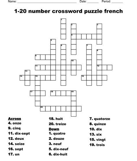 1 20 Number Crossword Puzzle French Wordmint