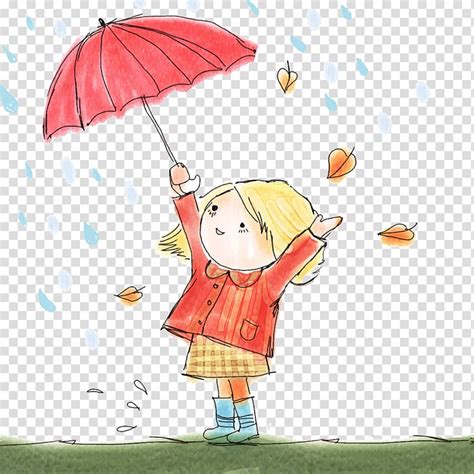 Girl Under Red Umbrella During Rain Illustration Cartoon Illustration