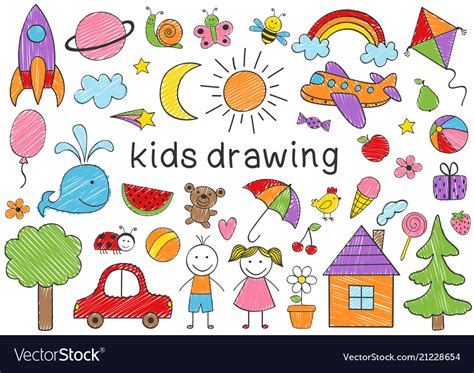 Set Of Isolated Colored Kids Drawing Royalty Free Vector