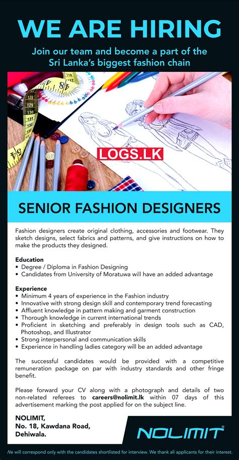 Senior Fashion Designer Nolimit Job Vacancies 2024 Sri Lanka