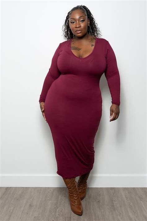 Plus Size Tamara Long Sleeve Bodycon Maxi Dress Burgundy Bodycon