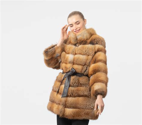 Belted Red Fox Fur Jacket Real Fur Coats