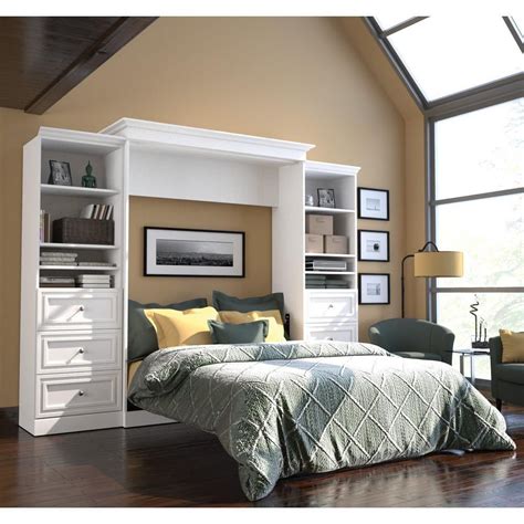 Queen Murphy Bed White Wall Bedroom Bookcase Drawers Storage Unit Space