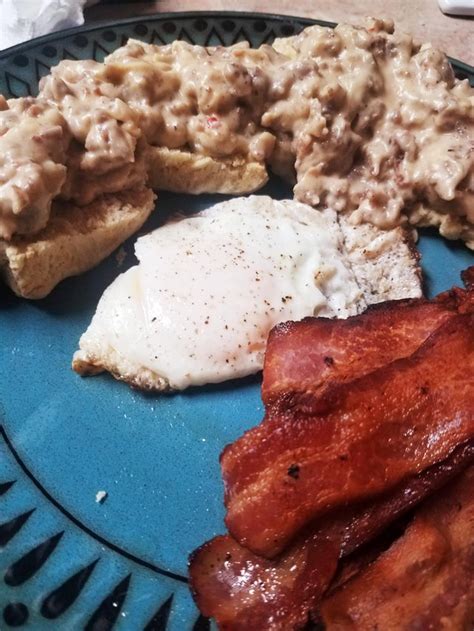 Homemade Biscuits And Gravy Bacon And Bacon Fat Fried Egg Food