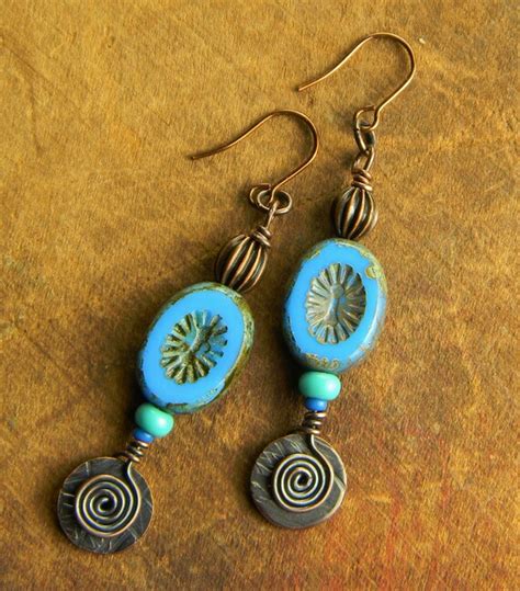 Items Similar To Blue Oval Czech Glass Earrings With Copper OOAK On Etsy