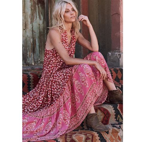 Red Print Women Dress Boho Hippie Chic Beach Dresses V Neck Sleeveless