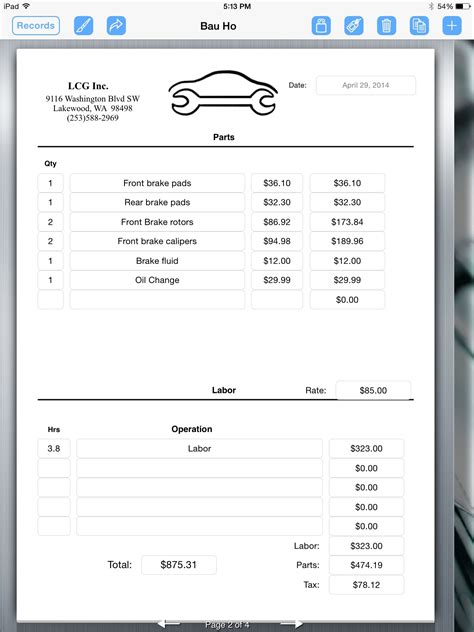 Free Auto Repair Invoice Template Excel Professional Design Template