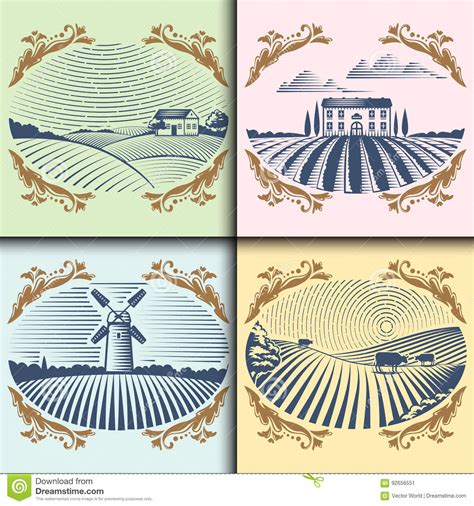 Retro Landscapes Vector Illustration Farm House Agriculture Graphic