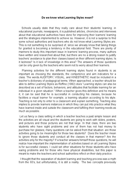 Learning Styles Essay Pdf Learning Styles Educational Psychology