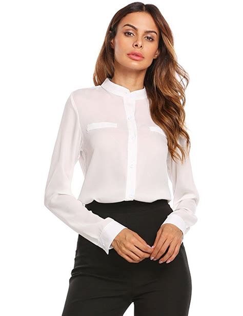 Women Long Sleeve V Neck Chiffon Blouse Wear To Work Button Down Shirt
