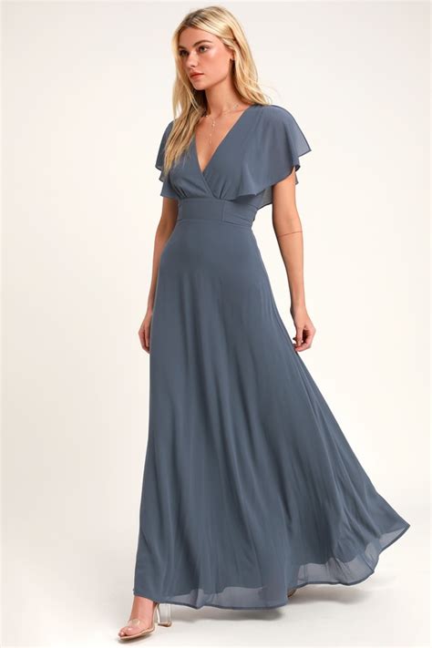 Pretty Slate Blue Maxi Dress Flutter Sleeve Dress Gown Lulus