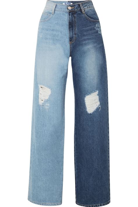 Sjyp Denim Two Tone Distressed High Rise Wide Leg Jeans In Mid Denim