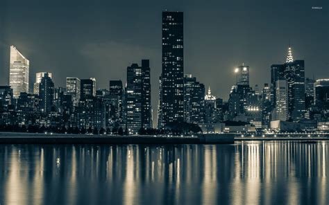 New York City Night Lights Reflected In The Water Wallpaper World