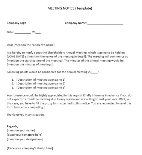 Meeting Notice Templates 4 Free Word Excel And Pdf Formats