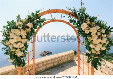 Wedding Arch Decorated Roses Overlooking Island Stock Photo 2092321951