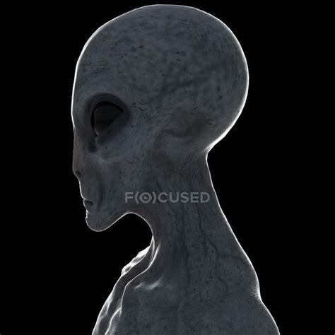 Illustration Of Gray Humanoid Alien On Black Background Close Up