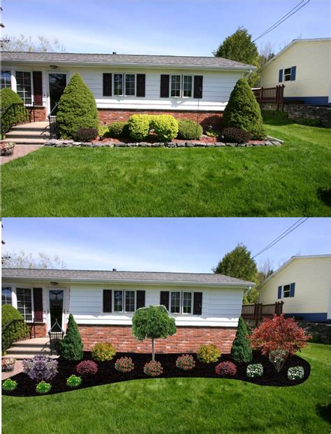 Before After New Foundation Plantings Wide Curved Bed Extends Past