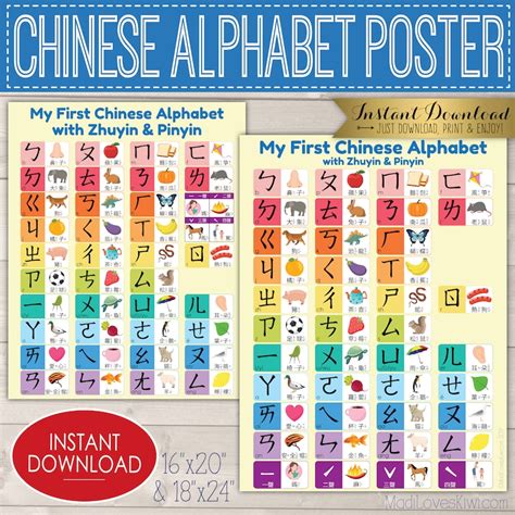 Chinese Alphabet Poster Zhuyin Pinyin Printable 16x20 Etsy