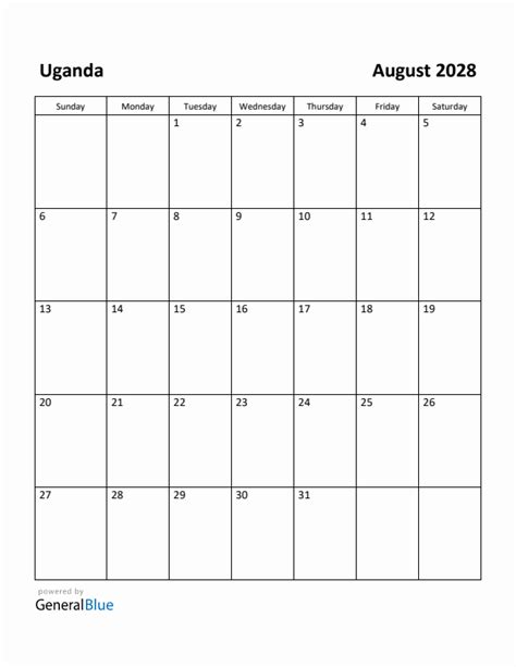 Free Printable August 2028 Calendar For Uganda