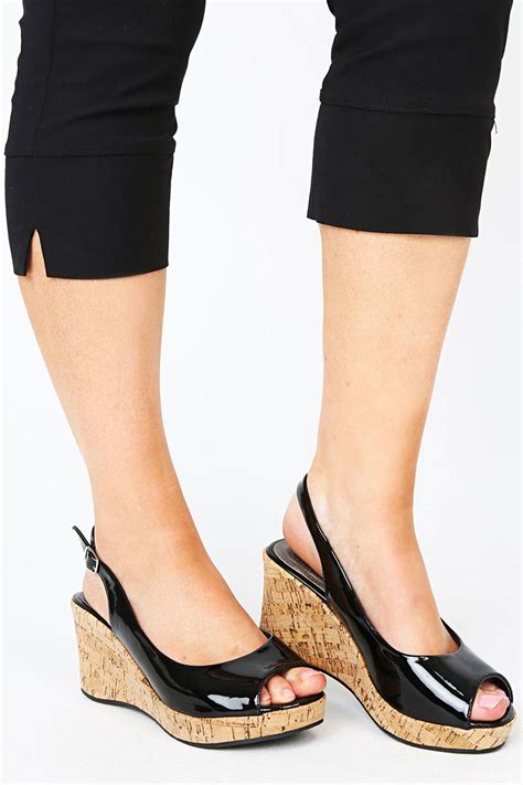 Black Patent Peep Toe Cork Wedge Sandal In A Eee Fit 4eee5eee6eee