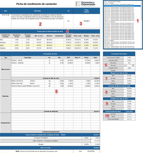Fichas De Rendimento Em Excel Orçamentos