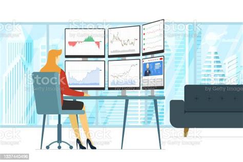 Business Woman Stock Market Trader In Workplace Looking At Multiple