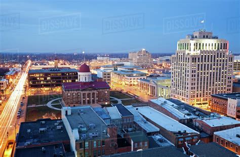 Usa Illinois Springfield City Illuminated At Dusk Stock Photo
