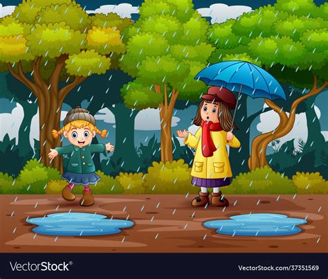 Happy Girls Playing In Rain Royalty Free Vector Image