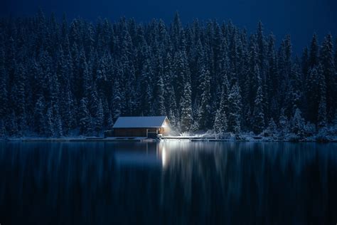 Photography Nature Cabin Winter Forest Lake Snow Lights Pine Trees Cold