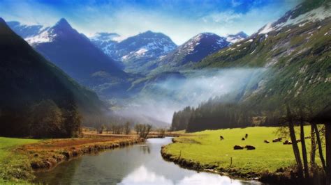 A Big River Flowing Between Mountain Wallpapers Hd
