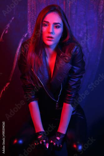 Portrait Of Sexy Girl With Long Hair In Leather Jacket Beautiful Sexy