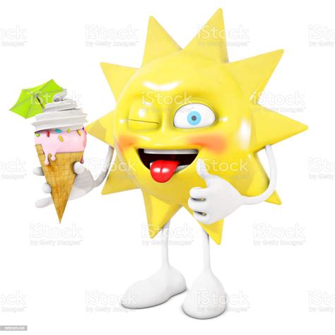 3d Sun Character Eats An Ice Cream 3d Rendering Stock Illustration