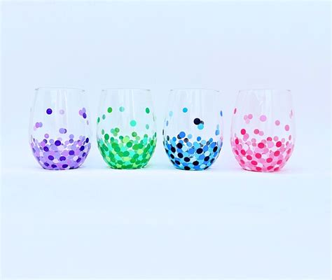 Set Of 4 Custom Dot Painted Stemless Wine Glasses Etsy