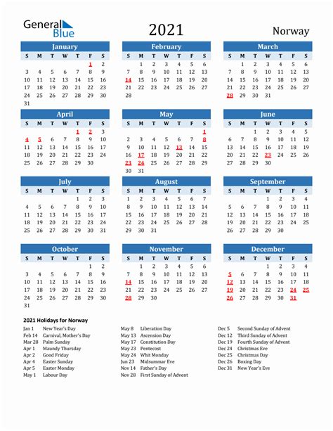 2021 Printable Calendar With Norway Holidays