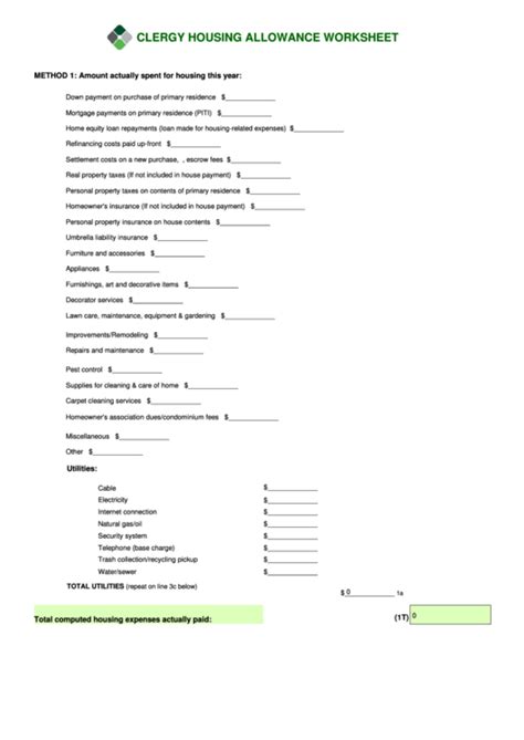 Home address (number and street or rural route) number of allowances from the estimated deductions, worksheet b total number of allowances (a + b) when using the california withholding schedules. Fillable Clergy Housing Allowance Worksheet printable pdf ...