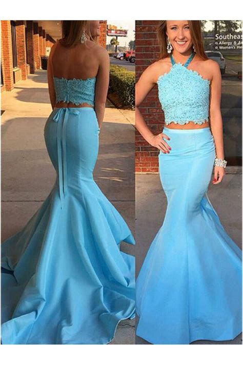 Long Blue Mermaid Halter Two Pieces Prom Dresses Party Evening Gowns