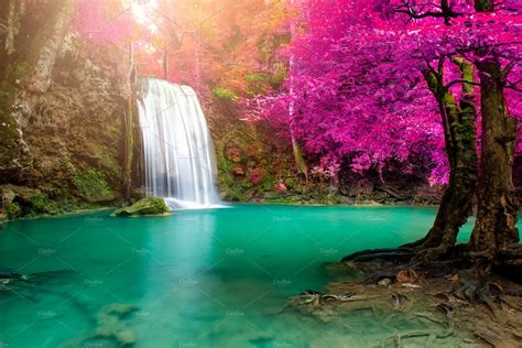 Waterfall In Colorful Autumn Forest High Quality Nature