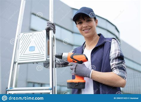 Woman Builder Holding Drill And Ladder Outdoors Stock Image Image Of