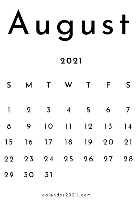 Blank August 2021 Calendar Printable Calendar Printables 2021