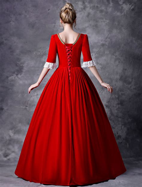 Victorian Dress Costume Womens Red Baroque Masquerade Ball Gowns Half Sleeves Square Neckline