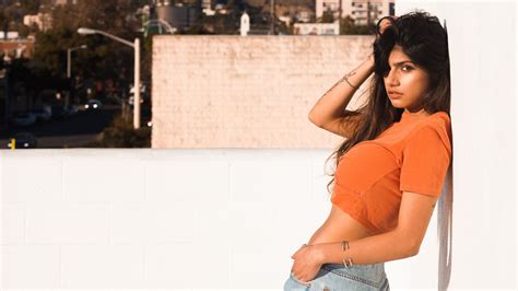 Model Women Women Outdoors Mia Khalifa Pornstar Hands In Hair Jeans Saffron Dress
