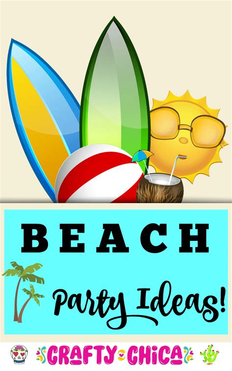 A Beach Party Sign With Sun Glasses And Surfboards