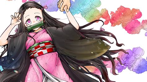 Demon Slayer Someone Holding Nezuko Kamado Hand With White Background And Colorful Flowers Hd