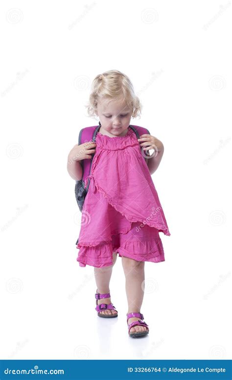 Back To School Little Girl With Backpack On White Stock Photo Image