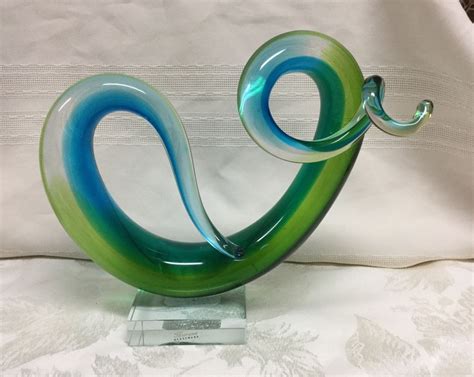 Murano Italy Art Glass Sculpture Hand Blown Swirls Green And Blue