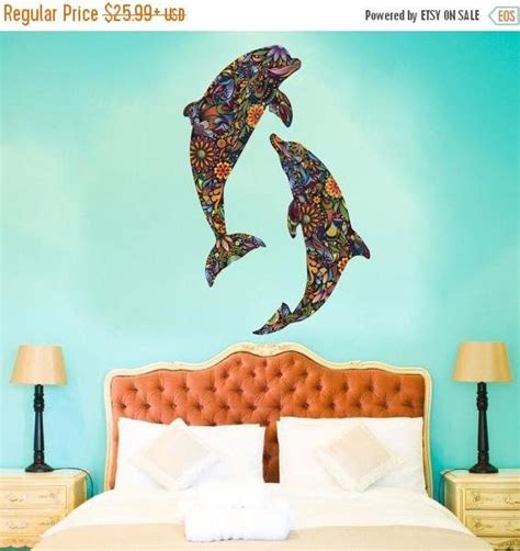 Dolphin Duo Wall Decal Set Colorful Floral Wall Graphic Etsy My