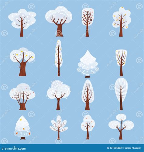 Set Of Isolated Winter Tree Decorate Stylized Snow Naked Vector Cartoon Style Isolated