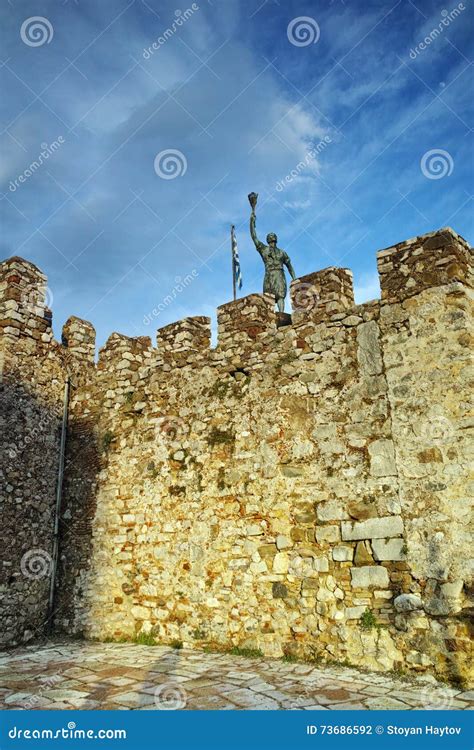 The Port Of Nafpaktos Town And Monument Over Castle Wall Greece Stock