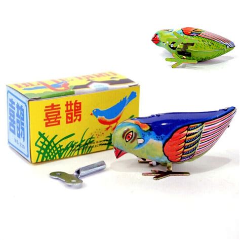 Wind Up Clockwork Pecking Retro T Song Blue Bird Magpie Tin Toy