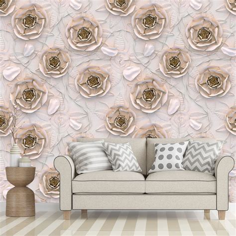 Elegant 3d Rose Gold Roses Wallpaper Traditional Non Woven Etsy